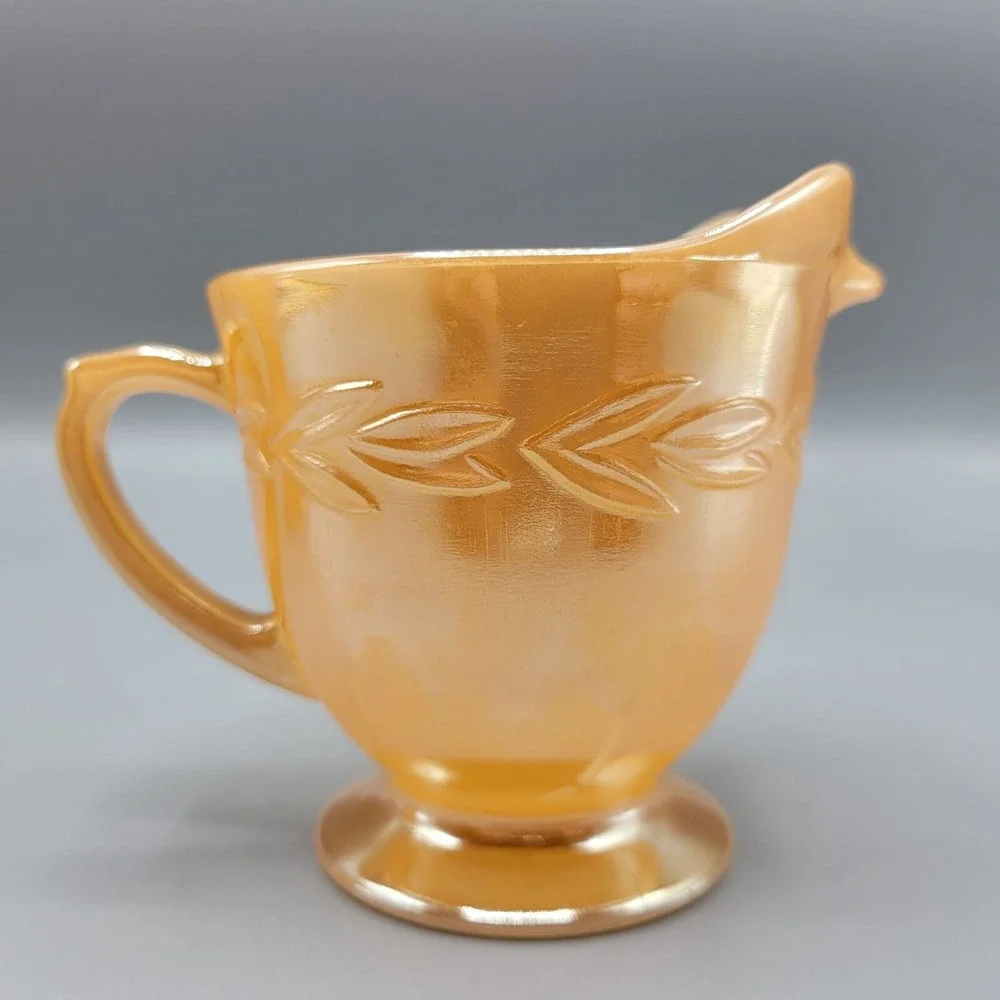 Vintage Orange Lustre Fire King Creamer & Sugar Set Laurel Leaf Glass Oven Ware